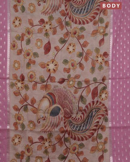 Art kota saree beige and pastel pink with allover kalamari prints & embroidery work and zari woven border