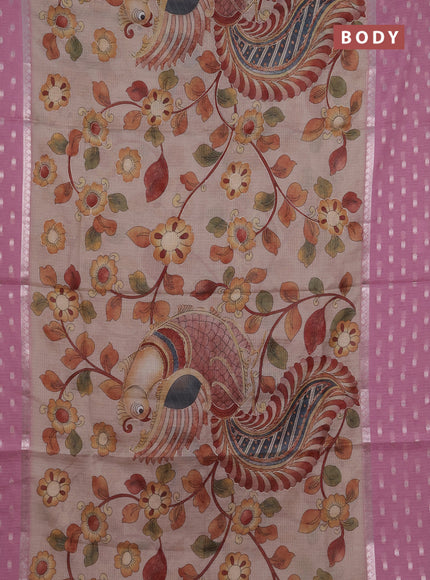 Art kota saree beige and pastel pink with allover kalamari prints & embroidery work and zari woven border
