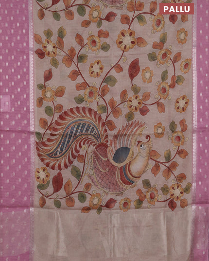 Art kota saree beige and pastel pink with allover kalamari prints & embroidery work and zari woven border