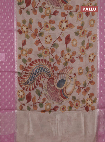 Art kota saree beige and pastel pink with allover kalamari prints & embroidery work and zari woven border