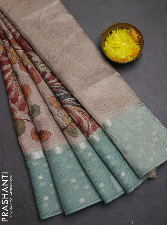 Art kota saree beige and pastel green with allover kalamari prints & embroidery work and zari woven border