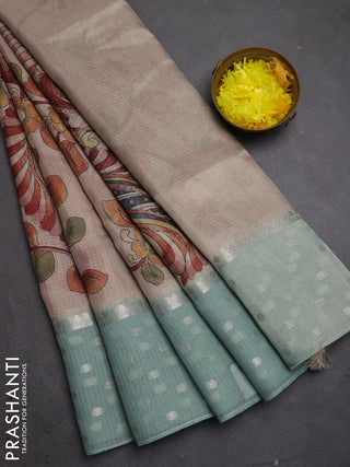 Art kota saree beige and pastel green with allover kalamari prints & embroidery work and zari woven border
