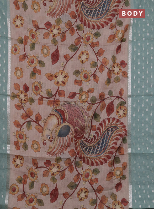 Art kota saree beige and pastel green with allover kalamari prints & embroidery work and zari woven border