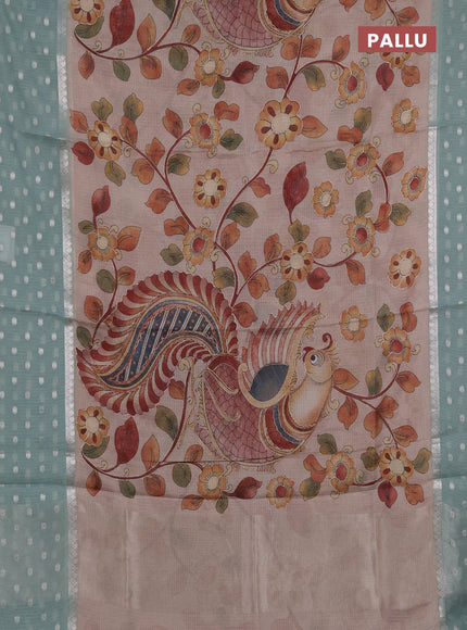 Art kota saree beige and pastel green with allover kalamari prints & embroidery work and zari woven border