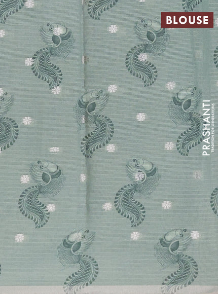 Art kota saree beige and pastel green with allover kalamari prints & embroidery work and zari woven border