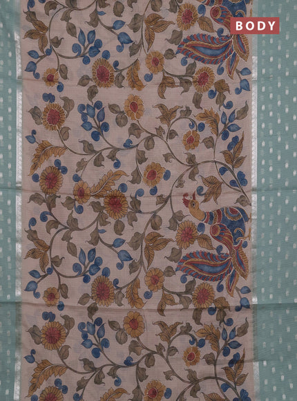 Art kota saree beige and pastel green with allover kalamari prints & embroidery work and zari woven border