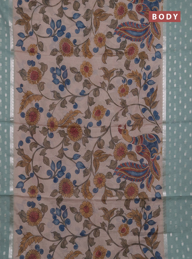 Art kota saree beige and pastel green with allover kalamari prints & embroidery work and zari woven border