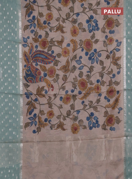 Art kota saree beige and pastel green with allover kalamari prints & embroidery work and zari woven border