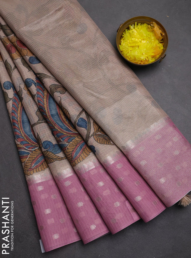 Art kota saree beige and pink with allover kalamari prints & embroidery work and zari woven border