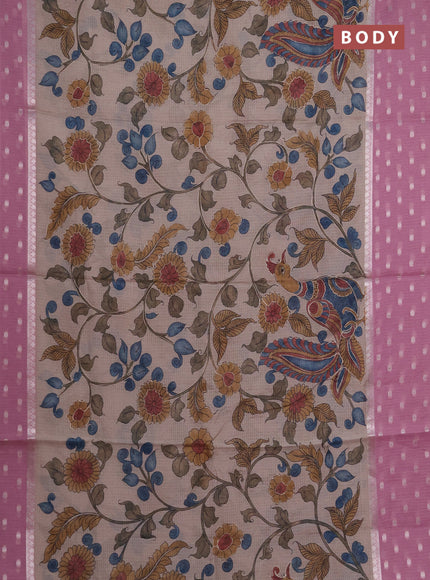 Art kota saree beige and pink with allover kalamari prints & embroidery work and zari woven border