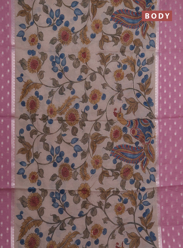 Art kota saree beige and pink with allover kalamari prints & embroidery work and zari woven border