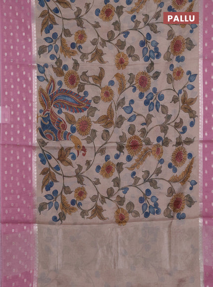 Art kota saree beige and pink with allover kalamari prints & embroidery work and zari woven border