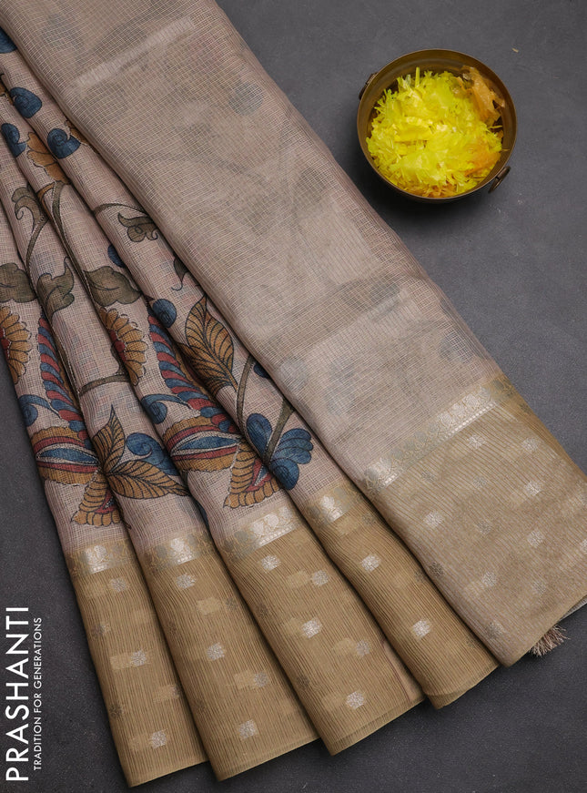 Art kota saree beige and sandal with allover kalamari prints & embroidery work and zari woven border