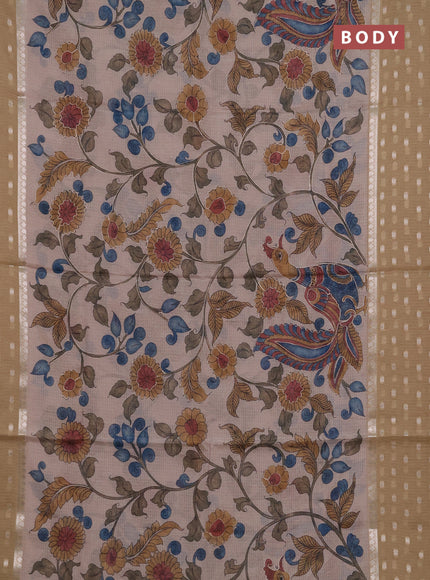 Art kota saree beige and sandal with allover kalamari prints & embroidery work and zari woven border