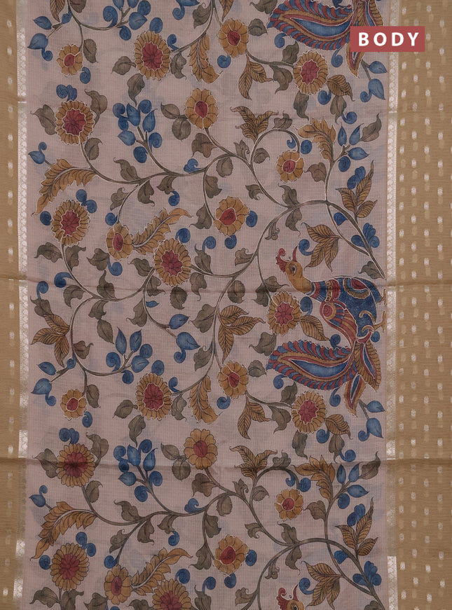 Art kota saree beige and sandal with allover kalamari prints & embroidery work and zari woven border