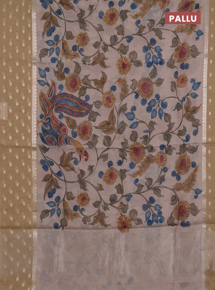 Art kota saree beige and sandal with allover kalamari prints & embroidery work and zari woven border