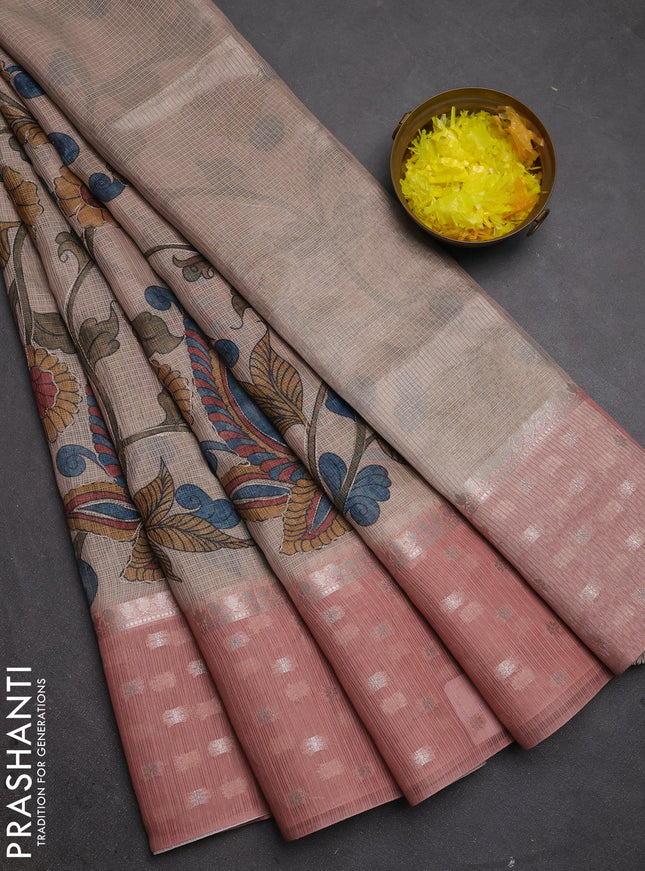 Art kota saree beige and peach with allover kalamari prints & embroidery work and zari woven border