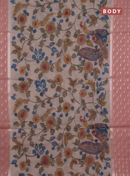 Art kota saree beige and peach with allover kalamari prints & embroidery work and zari woven border