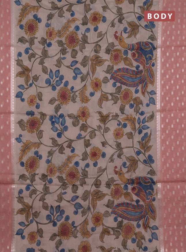 Art kota saree beige and peach with allover kalamari prints & embroidery work and zari woven border
