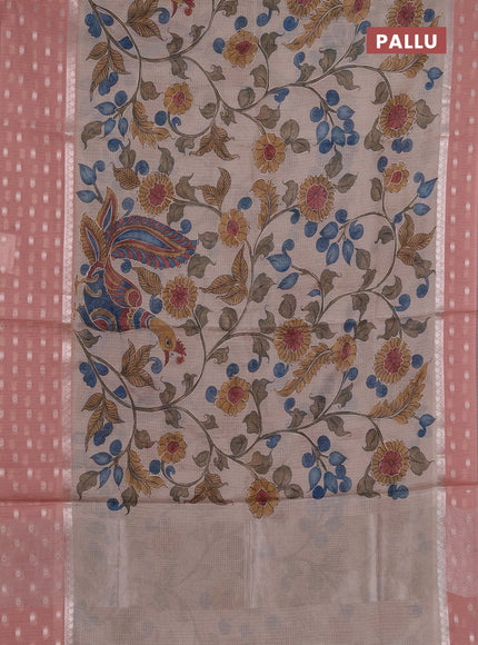 Art kota saree beige and peach with allover kalamari prints & embroidery work and zari woven border