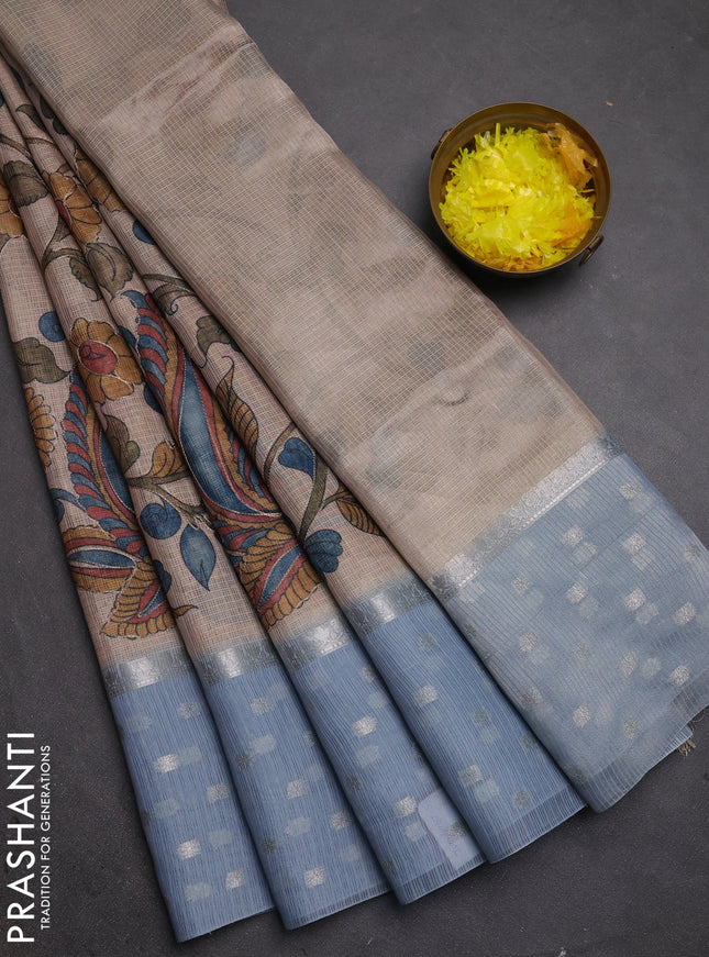 Art kota saree beige and pastel blue with allover kalamari prints & embroidery work and zari woven border