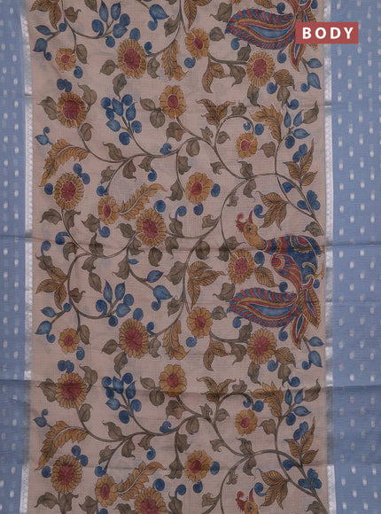 Art kota saree beige and pastel blue with allover kalamari prints & embroidery work and zari woven border