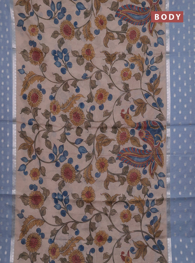 Art kota saree beige and pastel blue with allover kalamari prints & embroidery work and zari woven border
