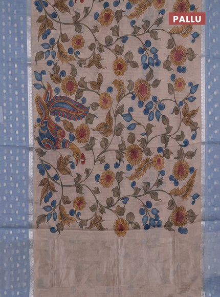Art kota saree beige and pastel blue with allover kalamari prints & embroidery work and zari woven border