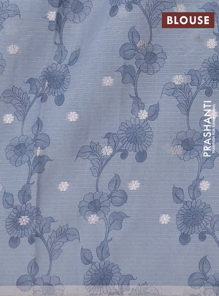 Art kota saree beige and pastel blue with allover kalamari prints & embroidery work and zari woven border