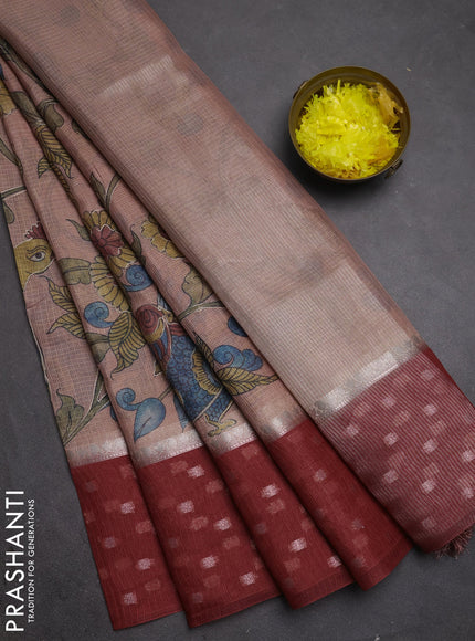Art kota saree peach and maroon with allover kalamari prints & embroidery work and zari woven border