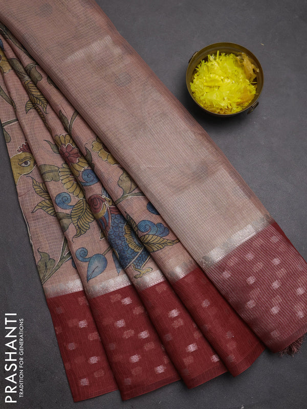 Art kota saree peach and maroon with allover kalamari prints & embroidery work and zari woven border