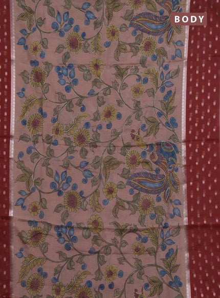 Art kota saree peach and maroon with allover kalamari prints & embroidery work and zari woven border