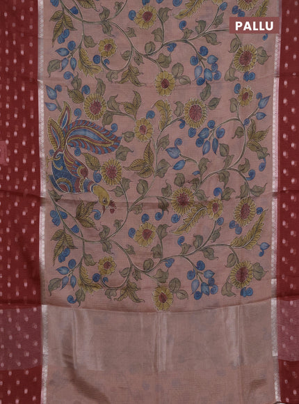 Art kota saree peach and maroon with allover kalamari prints & embroidery work and zari woven border