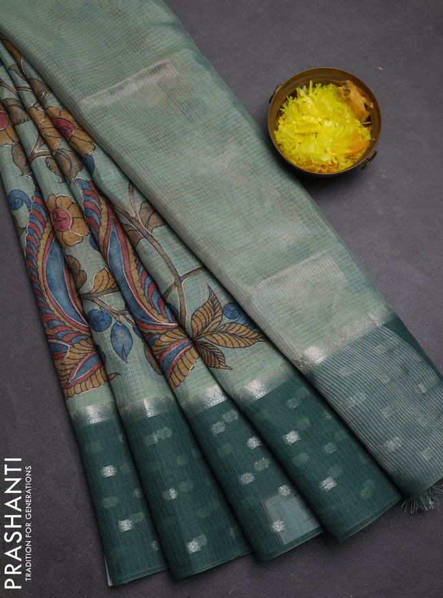 Art kota saree pastel green and green with allover kalamari prints & embroidery work and zari woven border