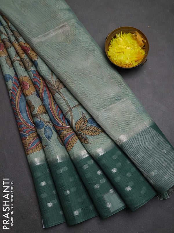 Art kota saree pastel green and green with allover kalamari prints & embroidery work and zari woven border