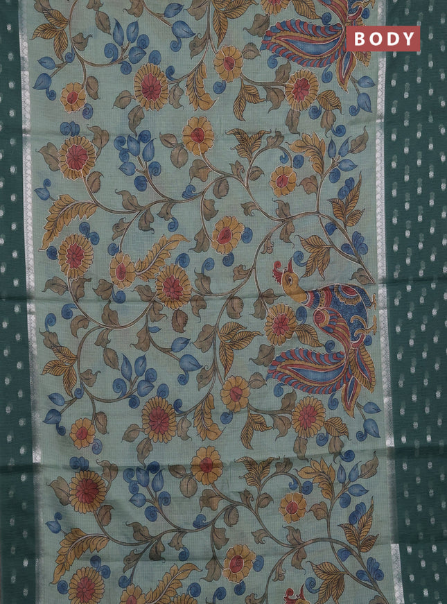 Art kota saree pastel green and green with allover kalamari prints & embroidery work and zari woven border