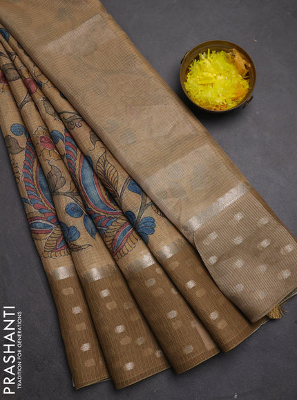 Art kota saree sandal and dark sandal with allover kalamari prints & embroidery work and zari woven border