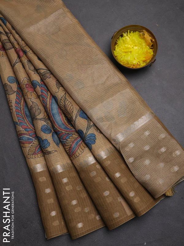 Art kota saree sandal and dark sandal with allover kalamari prints & embroidery work and zari woven border
