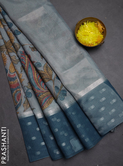 Art kota saree pastel blue and peacock blue with allover kalamari prints & embroidery work and zari woven border