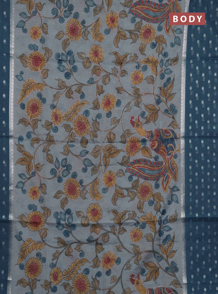 Art kota saree pastel blue and peacock blue with allover kalamari prints & embroidery work and zari woven border