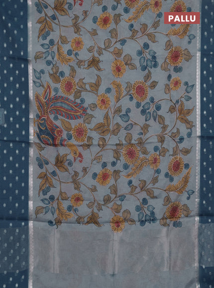 Art kota saree pastel blue and peacock blue with allover kalamari prints & embroidery work and zari woven border