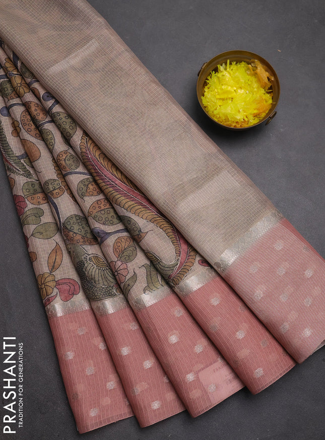 Art kota saree beige and peach with allover kalamari prints & embroidery work and zari woven border