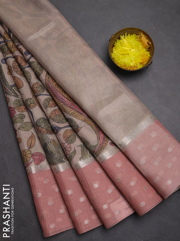 Art kota saree beige and peach with allover kalamari prints & embroidery work and zari woven border