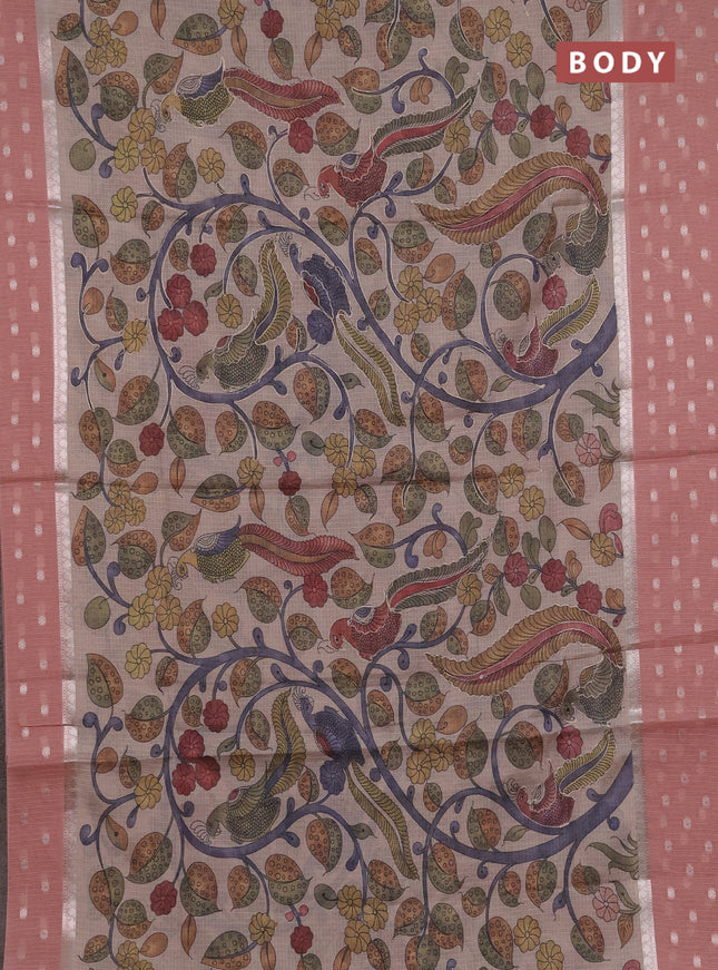 Art kota saree beige and peach with allover kalamari prints & embroidery work and zari woven border