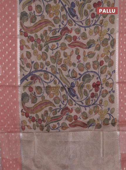 Art kota saree beige and peach with allover kalamari prints & embroidery work and zari woven border
