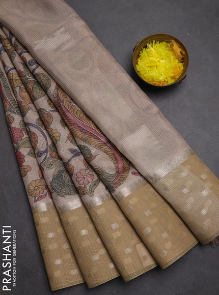 Art kota saree beige and sandal with allover kalamari prints & embroidery work and zari woven border