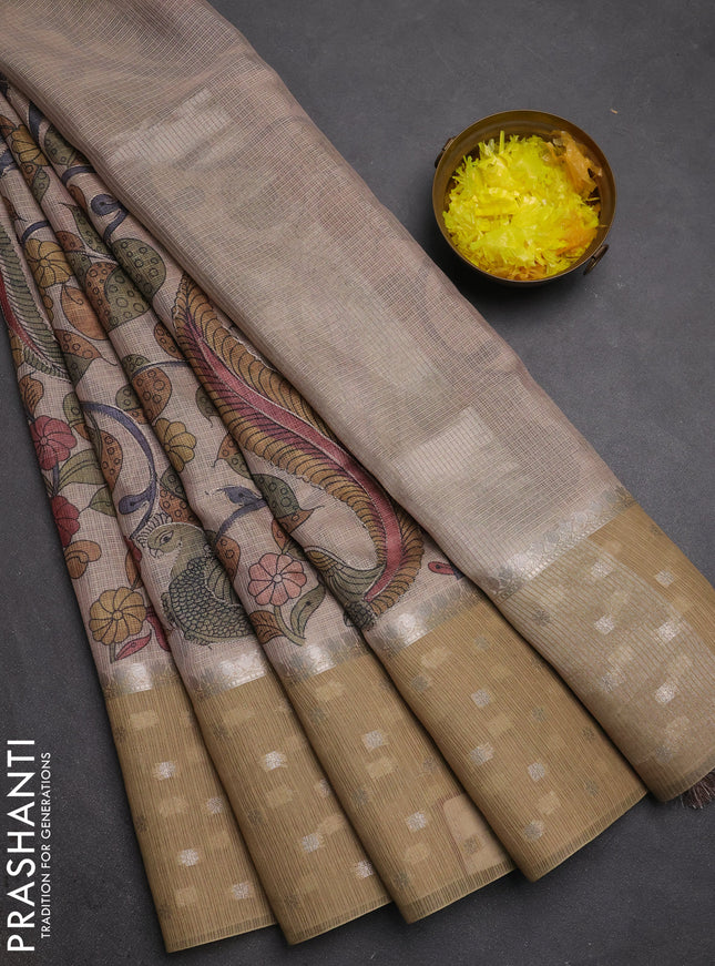 Art kota saree beige and sandal with allover kalamari prints & embroidery work and zari woven border
