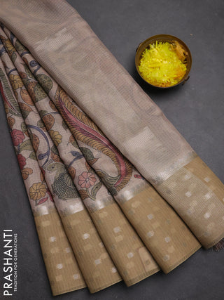 Art kota saree beige and sandal with allover kalamari prints & embroidery work and zari woven border