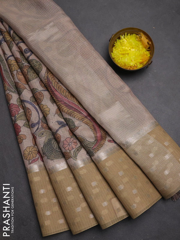 Art kota saree beige and sandal with allover kalamari prints & embroidery work and zari woven border