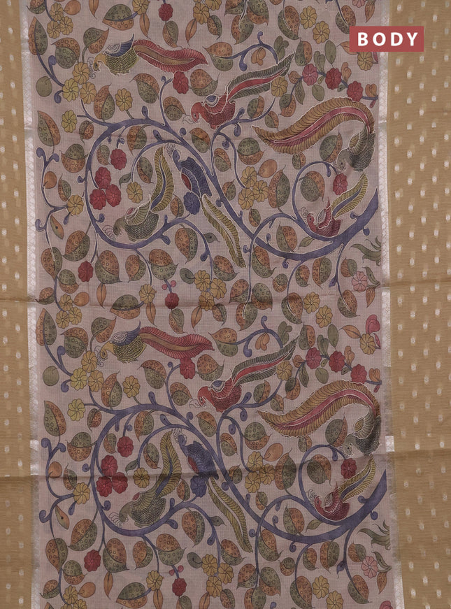 Art kota saree beige and sandal with allover kalamari prints & embroidery work and zari woven border